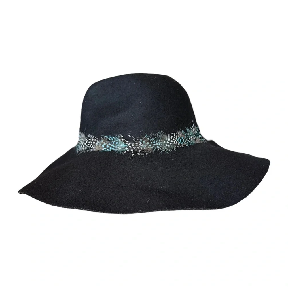 American Eagle Women’s Boho Wide Brim Floppy Hat Black 100% Wool Feather Trim